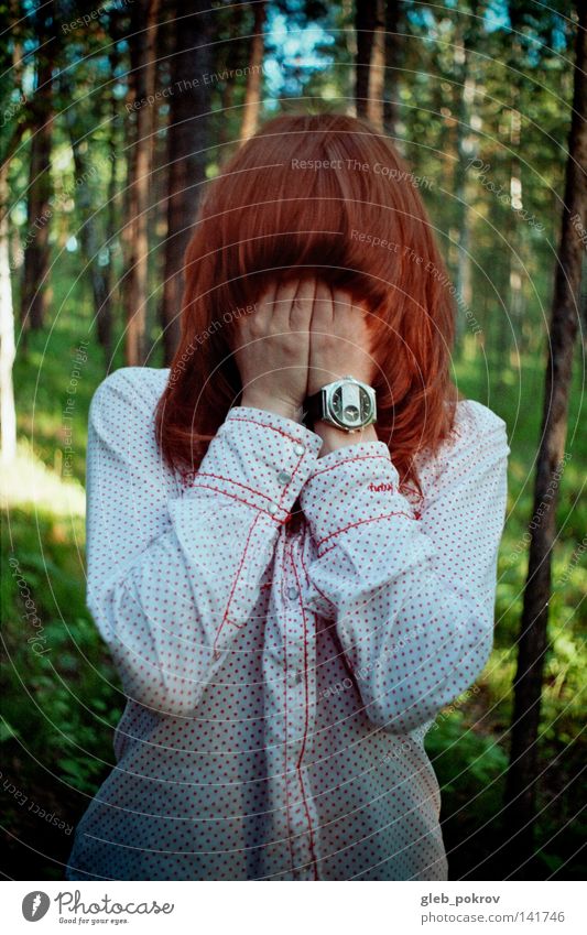 deep in forest. Hair and hairstyles Face Hand American Sycamore Clothing Wood Nature Sky Forest Fear Panic hands palms elbows Red watches shirts flora red-hair