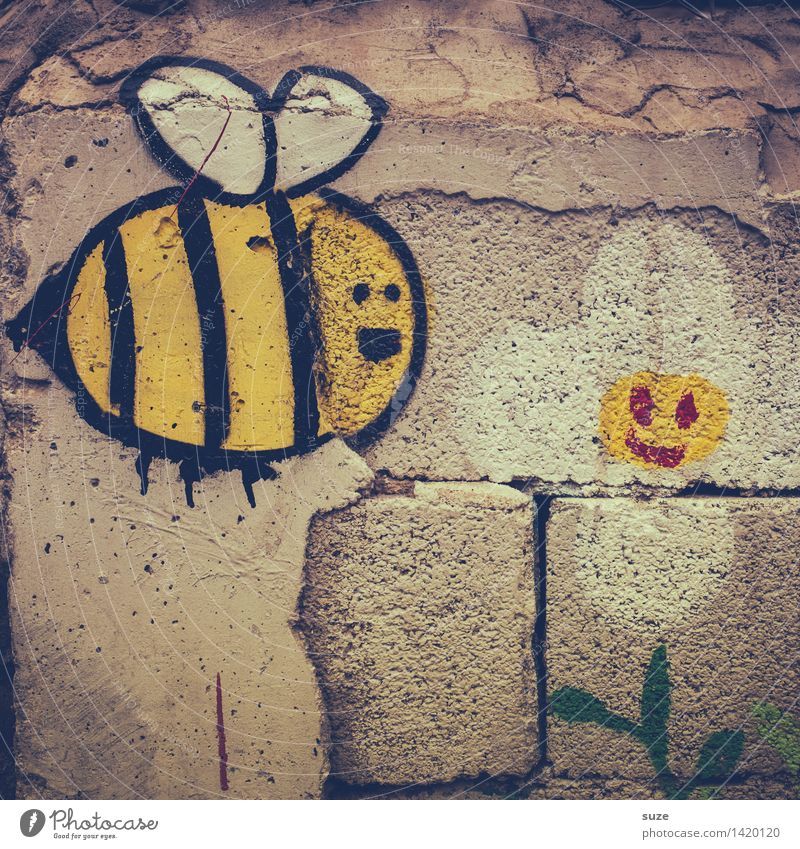 of bees and flowers Joy Flirt Parenting Infancy Youth culture Flower Wall (barrier) Wall (building) Facade Animal Bee Sign Graffiti Flying Old Broken Funny Cute