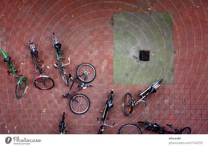 The wheels in the yard Bicycle Bird's-eye view Sprained Courtyard Backyard Break Drainage Paving stone Stone Topple over Parking Parking lot Tire Calm