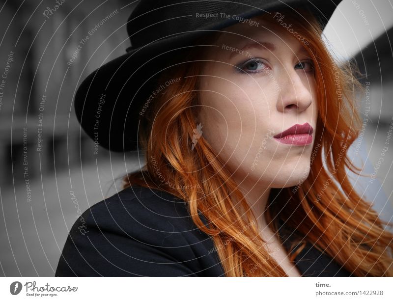 . Feminine 1 Human being Manmade structures Building Warehouse Jacket Hat Red-haired Long-haired Observe Think Looking Wait Beautiful Self-confident