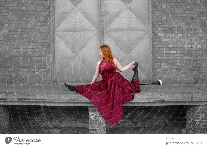 Dancer on a factory floor Feminine 1 Human being Stage play Wall (barrier) Wall (building) door Dress Red-haired Long-haired Movement Exceptional Elegant pretty