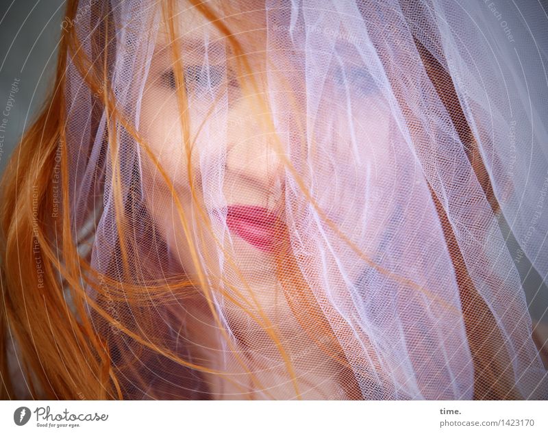 smiling redhead woman behind white veil Feminine 1 Human being Cloth Vail Bridal veil Red-haired Long-haired Observe To enjoy Smiling Looking Wait pretty Joy