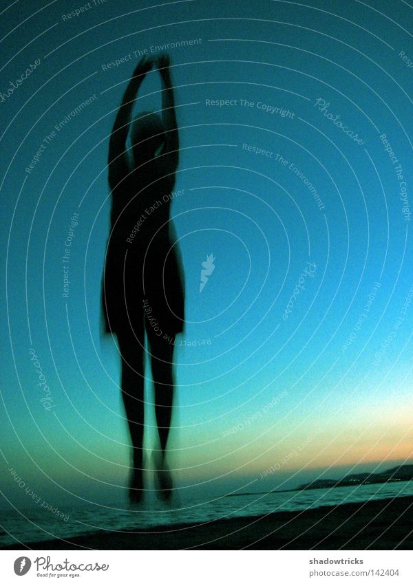 Powerful vacuum cleaner Jump Woman Ocean Beach Joie de vivre (Vitality) Sunset Black Green Turquoise Hop Joy Sky Legs Blue Landscape Human being Shadow Nature