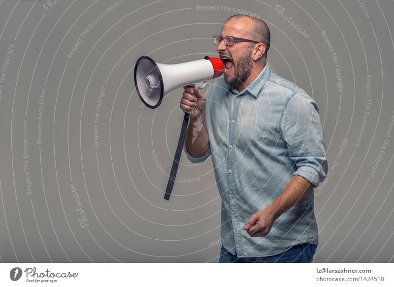 Man speaking over a megaphone Loudspeaker 1 Human being 30 - 45 years Adults Shirt Beard Tube Modern Advertising aggressive announcement communication