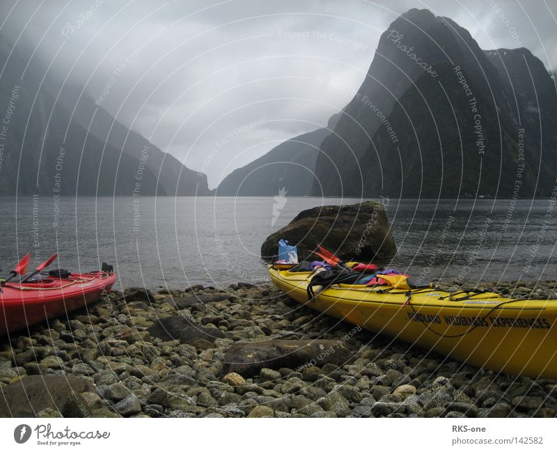 Rest for a while. Milford Sound New Zealand South Island Coast Fjord Ocean Landscape Mountain Tide Low tide High tide Ice Rain Fog Calm Watercraft Canoe Kayak