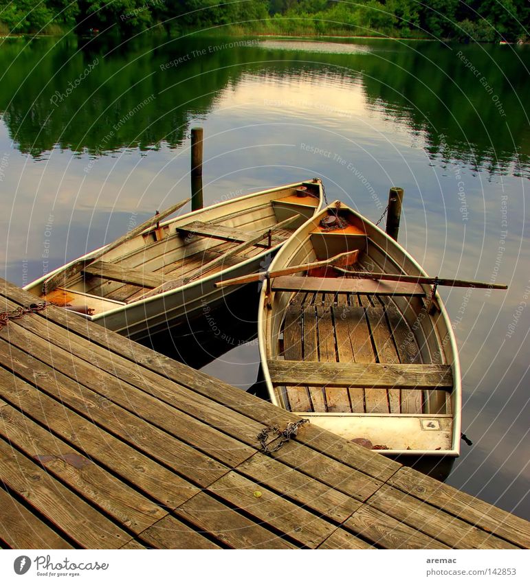 finally rest Watercraft Rowboat Calm Fishing (Angle) Vacation & Travel Lake Pond Body of water Loneliness Wood Footbridge Summer Playing reflection Evening