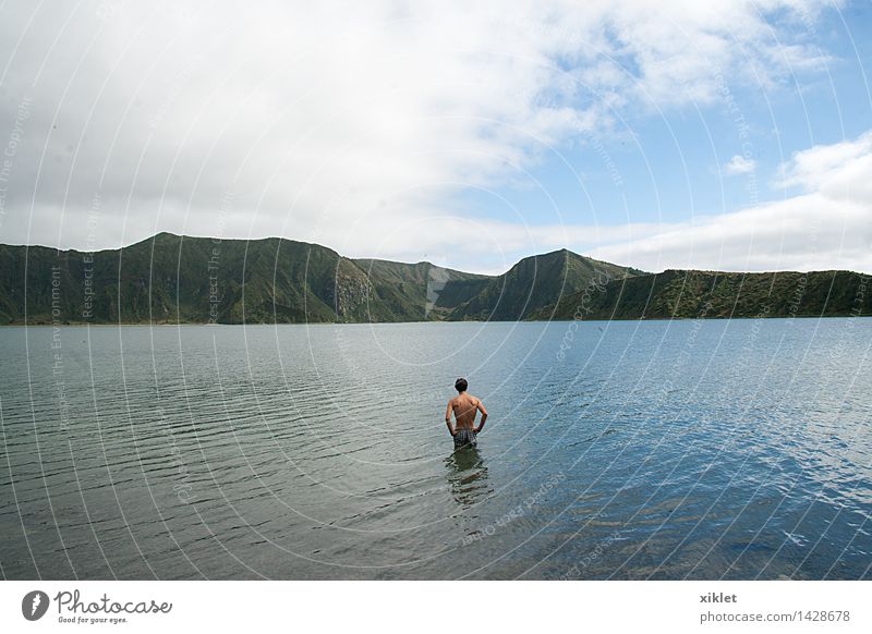 lake blue Man Naked Lake Calm Loneliness Reflection Green Backwater Deep Dive Swimming & Bathing Mountain Nature Shorts Central Clouds Serene Power