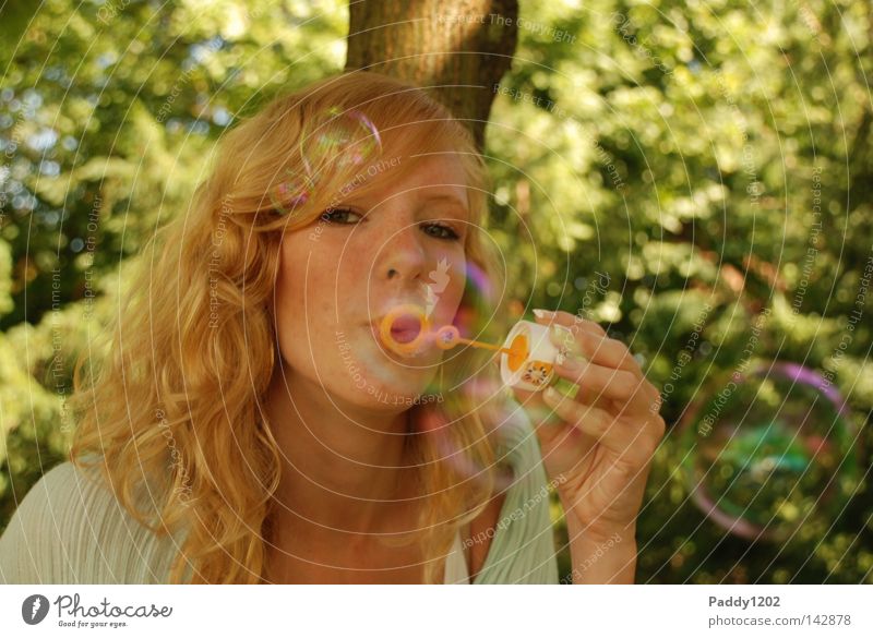 soap bubbles Beautiful Youth (Young adults) Innocent Sweet Light heartedness Woman Forest Green Soap bubble Easy Dazzling Reflection Tree Background picture