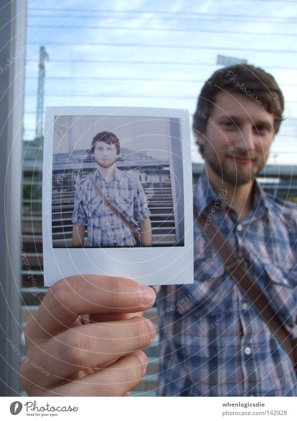 double mated. Polaroid Man Shirt Checkered Hand Photography Facial hair self-potrait