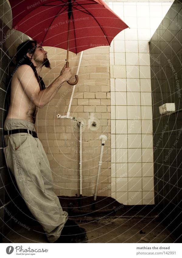 hydrophobia Shower (Installation) Shower room Train compartment Sunshade Umbrella Umbrellas & Shades Red Things Rain Wet Physics Damp Forget Loneliness Door