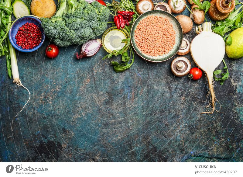 Vegetables, red lentils and ingredients for healthy cooking Food Grain Herbs and spices Cooking oil Nutrition Lunch Dinner Organic produce Diet Bowl Design