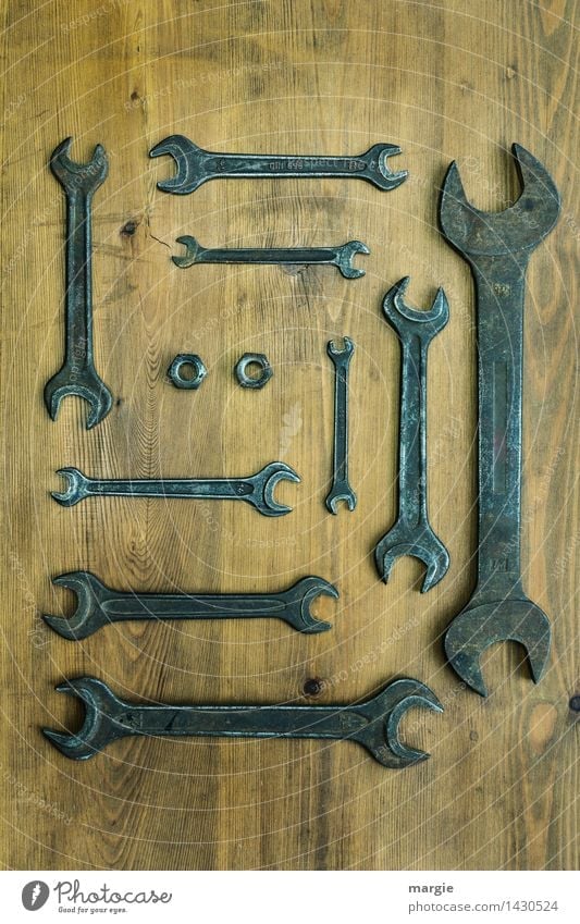 A collection of wrenches in different sizes plus two nuts Home improvement Work and employment Profession Craftsperson Workplace Services Craft (trade) SME Tool