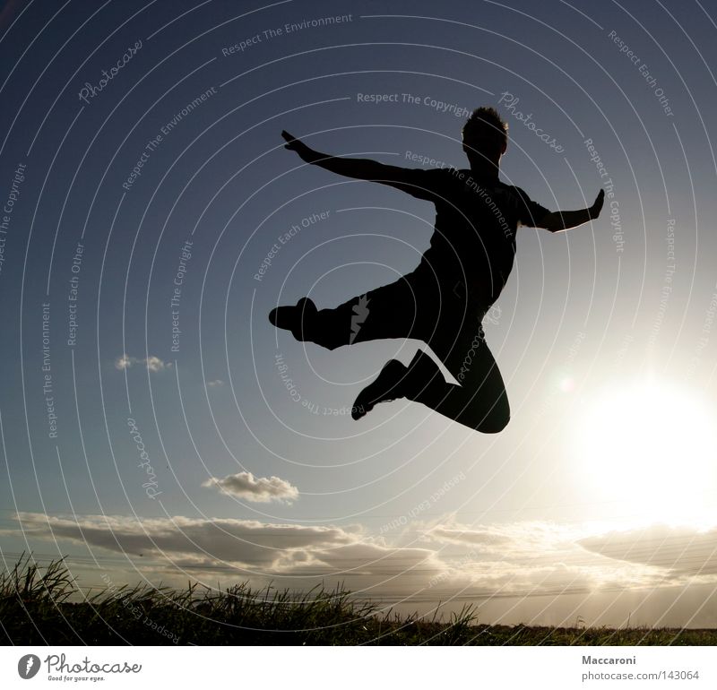 as light as a feather Joy Body Freedom Dance Aviation Masculine Youth (Young adults) 1 Human being 18 - 30 years Adults Sky Clouds Grass Flying Laughter Jump