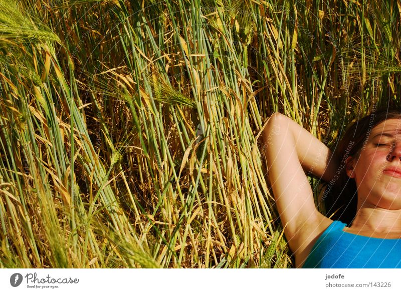 Enjoy! Woman Field Blade of grass Cornfield Ear of corn Barley Outstretched Portrait photograph Upper body Hope Desire Relaxation Sunbeam Armpit Turquoise Green