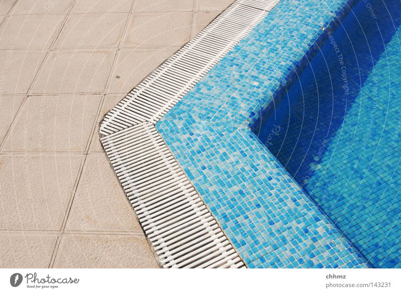pool Playing Summer Swimming pool Water Wet Blue Azure blue Tile Corner Edge Transition Gutter Colour photo Exterior shot Day Pool border Drainage Deserted