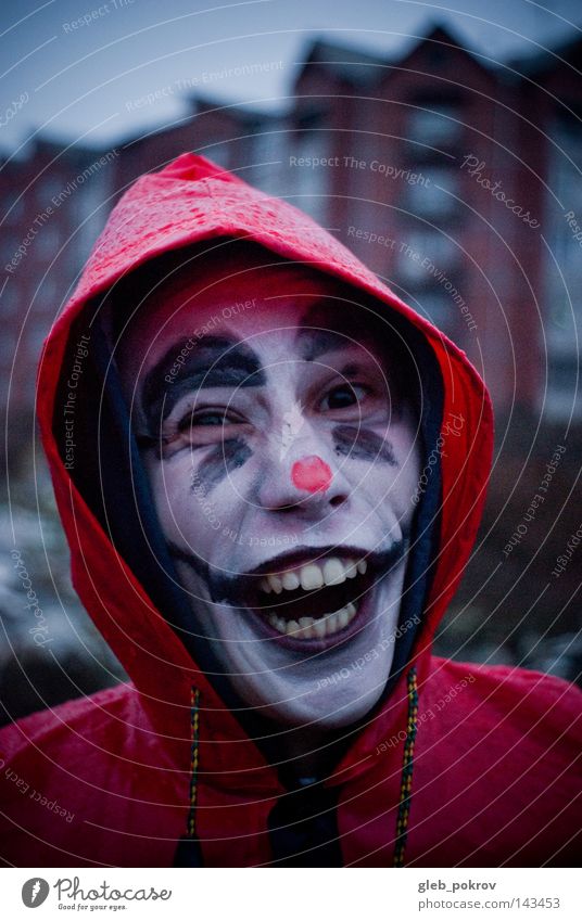 Crazy clown. Clown Portrait photograph Man Teeth Rain Street Trash Nose Clothing Siberia Air Hooded (clothing) Balaclava Hoodoos Head Hat Joy Human being grimm