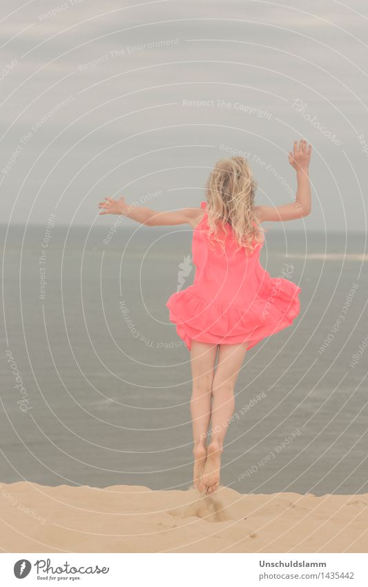 Learn to fly Lifestyle Playing Summer Beach Ocean Human being Child Girl Infancy 3 - 8 years Nature Flying Jump Blue Orange Emotions Happy Esthetic Movement