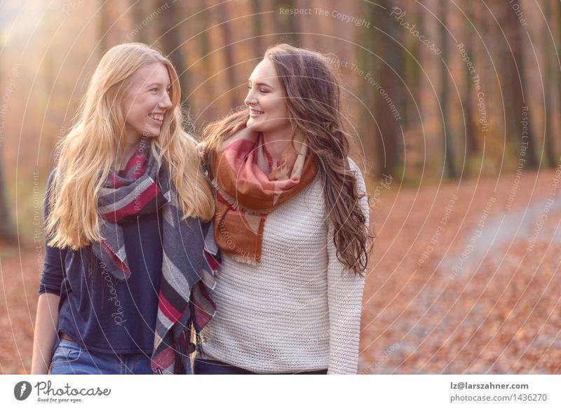 Two female friends walking through autumn woodland Lifestyle Style Joy Happy Face Sun Woman Adults Friendship Hand 2 Human being 13 - 18 years