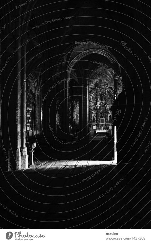 entree Deserted Church Manmade structures Wall (barrier) Wall (building) Stone Dark Hope Altar Bright spot Mystery Black & white photo Interior shot