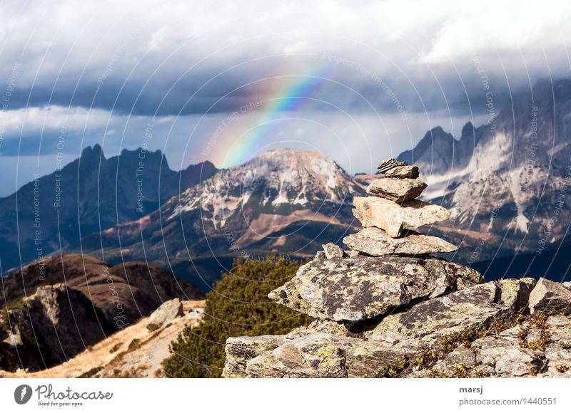 Cold-warm and colourful Nature Landscape Storm clouds Autumn Bad weather Rock Alps Mountain bishop's mitre red chalk Peak Rainbow Cairn Stone Exceptional Threat