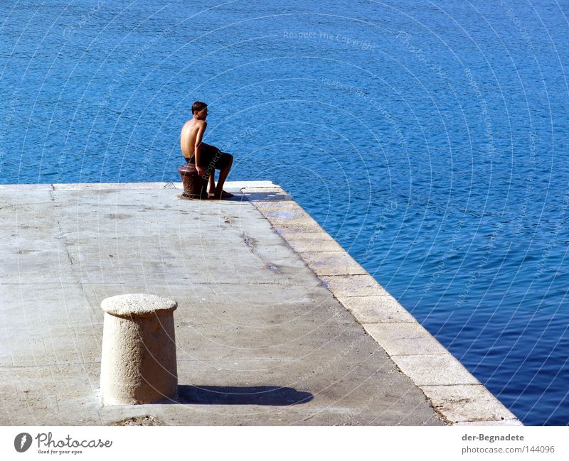 wait Water Footbridge Jetty Blue Young man Wait Boredom Calm Remote Bollard Shadow Sunrise Morning Human being Ocean Mediterranean sea Croatia Vacation & Travel