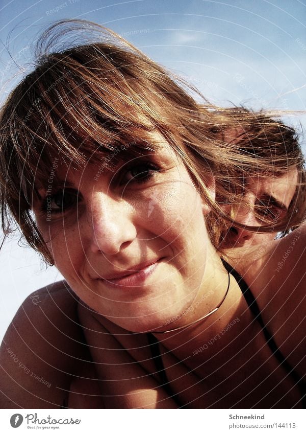 Beach children II Woman Lady Gentleman Youth (Young adults) Man Couple Chain Italy Sky Summer Shadow Face Grinning Laughter Neck Hair and hairstyles Joy