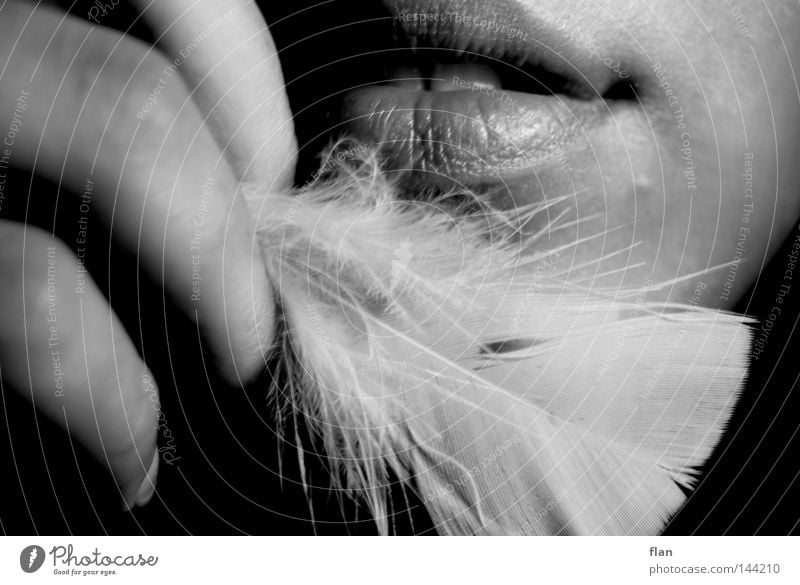 as light as a feather Easy Hand Black & white photo Emotions Fingers Nail Soft Delicate Mouth Lips Teeth Grinning Feather photo project Skin Laughter