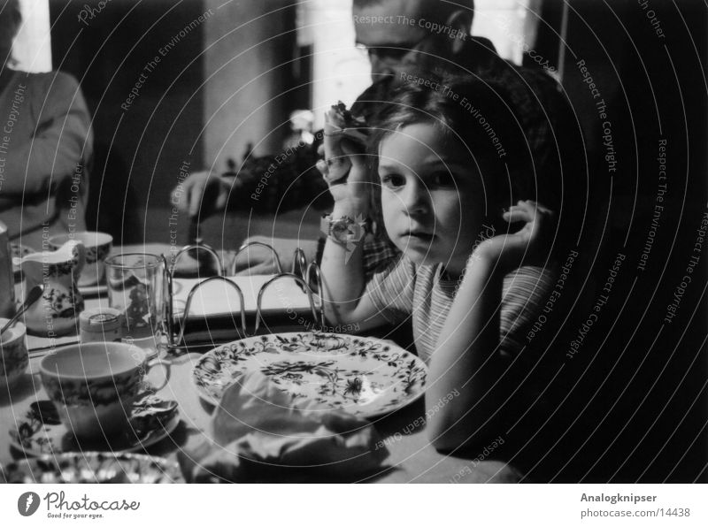dreamer Child Girl Father Portrait photograph Nutrition Black & white photo Dim depth blur