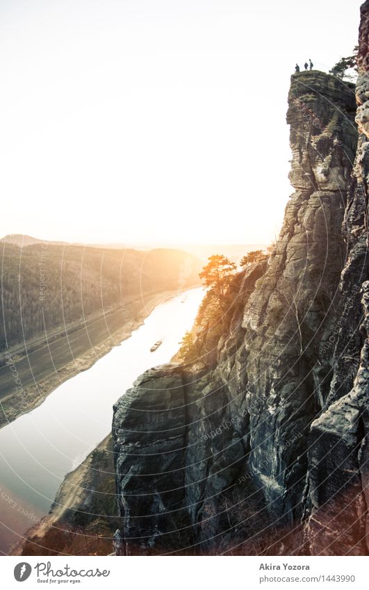 Enjoy the golden Sun Landscape Sky Cloudless sky Sunrise Sunset Beautiful weather Mountain Saxon Switzerland River bank Elbe Observe Looking Hiking Yellow