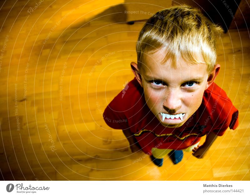 vampire Hair and hairstyles Face Child Human being Boy (child) Teeth 8 - 13 years Infancy T-shirt Blonde Small Funny Anger Red Self-confident Aggravation