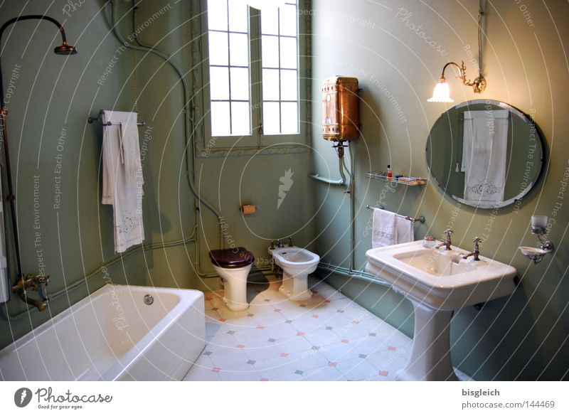 Good Morning! Colour photo Interior shot Deserted Artificial light Sun Furniture Mirror Bathtub Bathroom Window Living or residing Sink Bidet Toilet Household