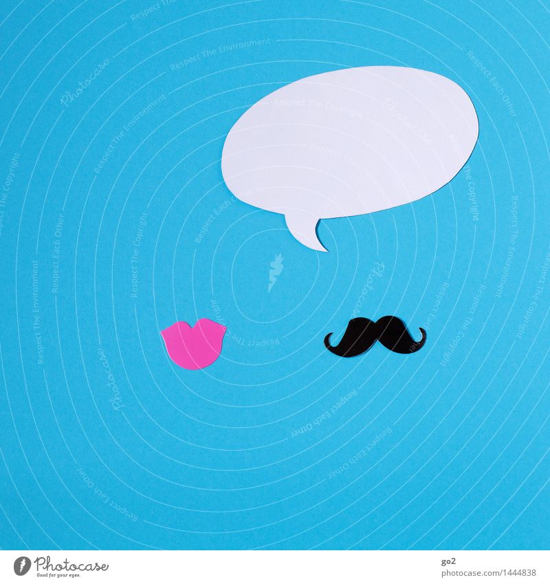 He says Woman diversity Adults Man Mouth Lips Moustache Cliche gender Speech bubble Sign To talk Communicate To call someone (telephone) Esthetic Simple Blue