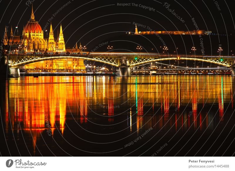 Abstract Reflections River Budapest Hungary Europe Capital city Deserted Bridge Tower Water Esthetic Glittering Historic Town Warmth Yellow Gold Red Calm Moody