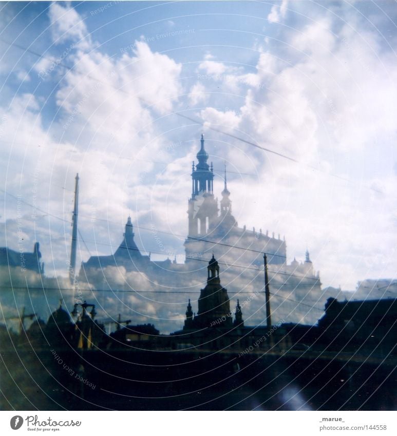 ghost town Dresden Old town Baroque Old times Shadow Ghosts & Spectres  Relief Town Lomography Weather Clouds Sky White Blue Dark Elbe Capital city Silhouette
