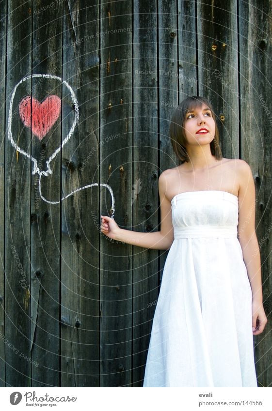 Loved Summer Wedding Woman Adults Clothing Dress Balloon Heart Draw Red White Longing Earmarked red lips loved Colour photo Portrait photograph Looking away
