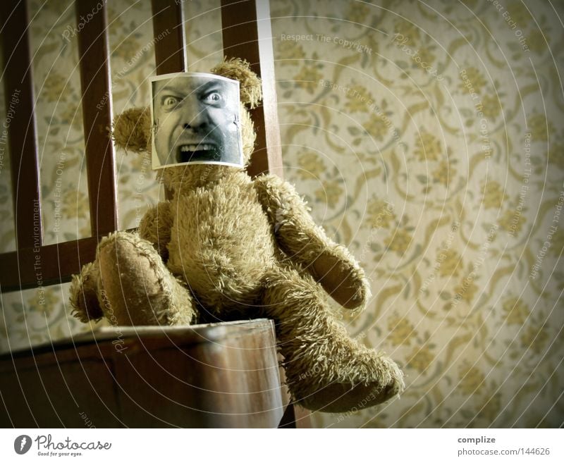 They want your soul Colour photo Interior shot Copy Space right Playing Chair Wallpaper Children's room Carnival Film industry Video Animal Mask Teddy bear