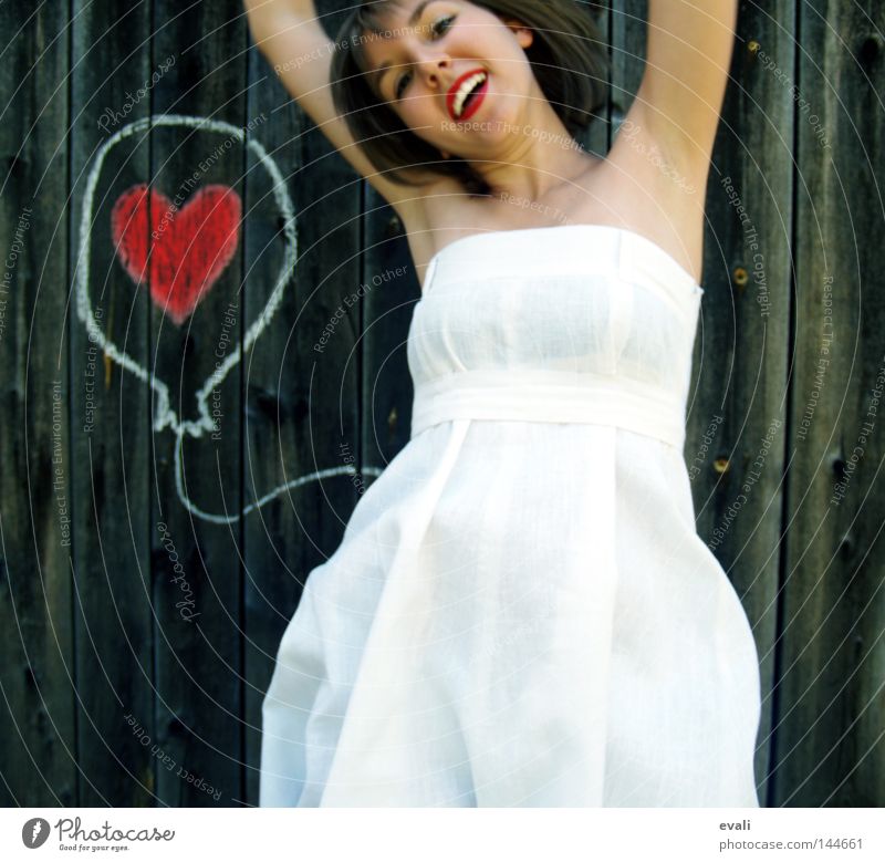 Loved Joy Summer Wedding Woman Adults Clothing Dress Balloon Heart Laughter Draw Jump Red White Earmarked Hop red lips loved happy Portrait photograph
