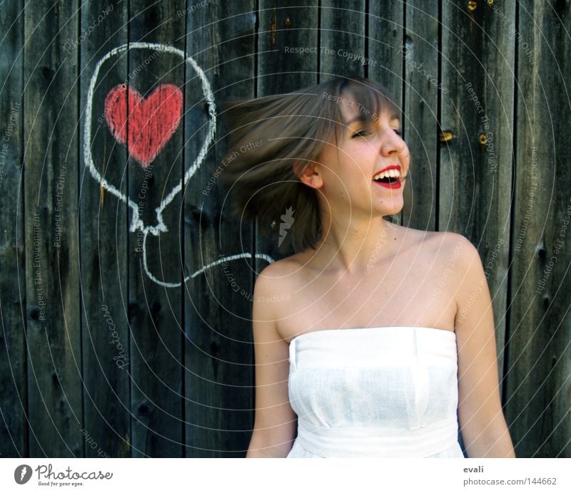 Loved Portrait photograph Dress White Woman Red Balloon Earmarked Clothing red lips loved Heart Draw Joy happy Laughter Summer Wedding