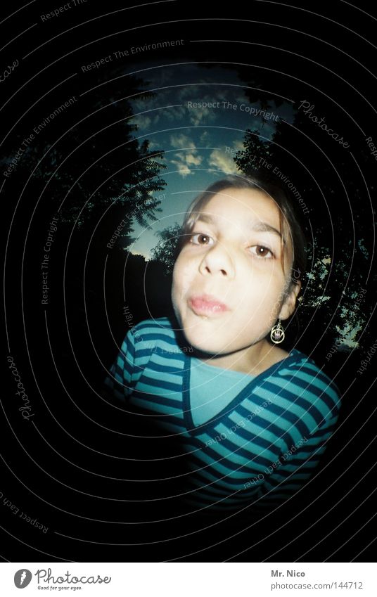 peekaboo Girl Lips Pout Upper body Stripe Striped Black Kissing Cheek Clouds Tree Evening Dark Lomography Hello Facial expression Child Fisheye Face face Mouth