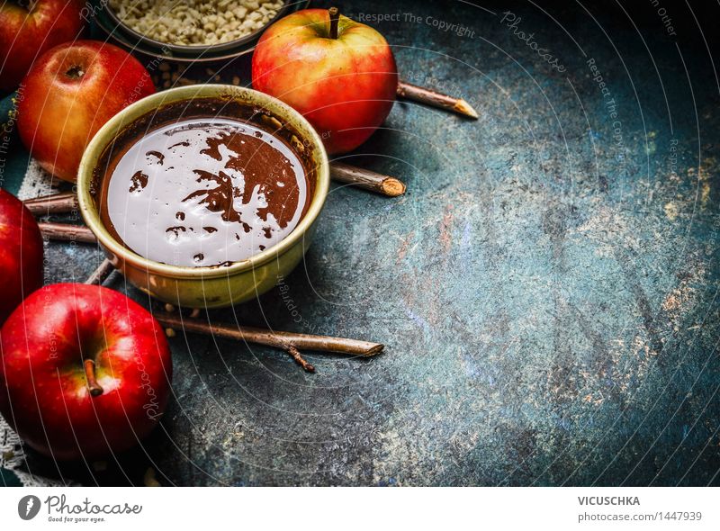 Hot chocolate and red apples with twigs Food Fruit Dessert Candy Nutrition Banquet Organic produce Hot Chocolate Bowl Style Design Joy Life Living or residing