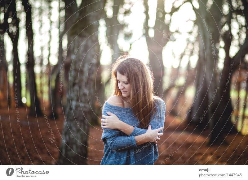 cuddling time Feminine Young woman Youth (Young adults) 1 Human being 18 - 30 years Adults Environment Nature Autumn Sweater Brunette Long-haired Beautiful