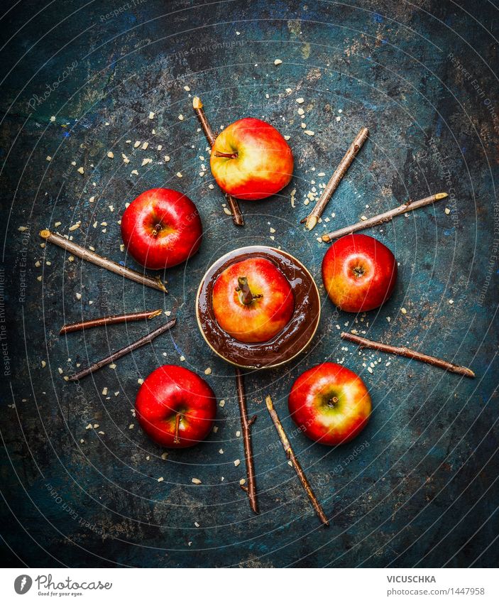 Red apples with chocolate and chopped almonds Food Apple Dessert Candy Chocolate Nutrition Banquet Bowl Style Design Life Living or residing Table Kitchen
