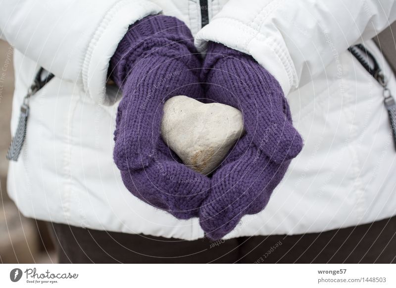 lost property Human being Feminine Woman Adults Female senior 1 Gloves Stone Heart Firm Cold Violet Black White Hard Heart-shaped Discovery Fantastic Indicate