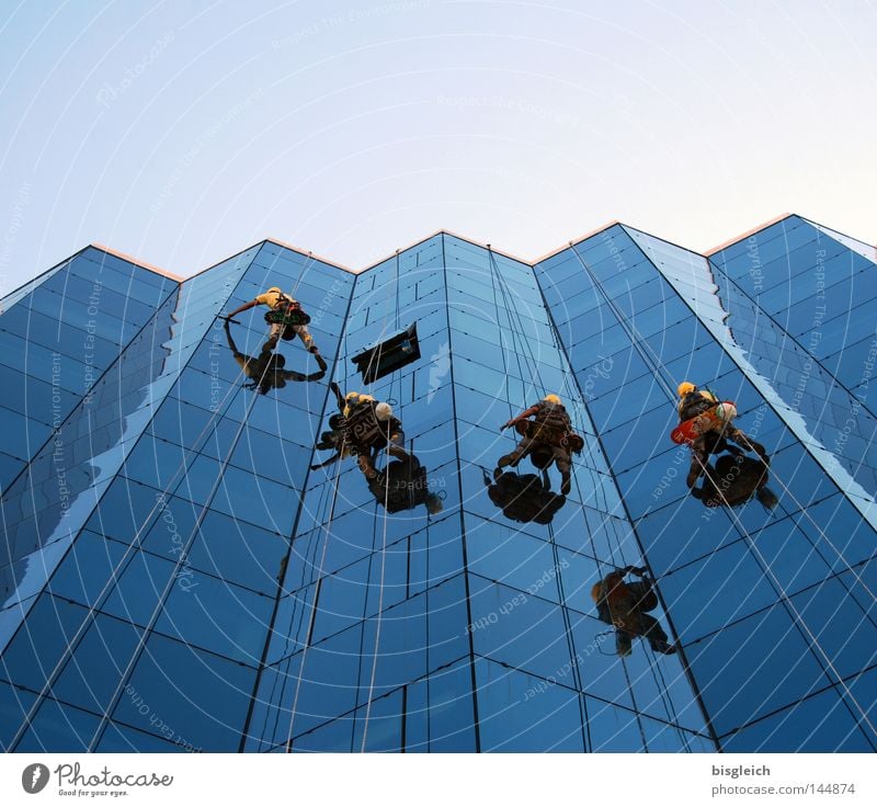 Windowcleaner Colour photo Exterior shot Copy Space top Reflection Worm's-eye view House (Residential Structure) Climbing Mountaineering Work and employment