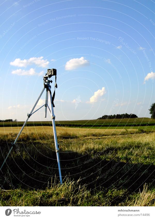 tripod in the landscape Take a photo Photography Panorama (View) Tripod Clouds Field Tree Forest Summer Entertainment Sky away field Large