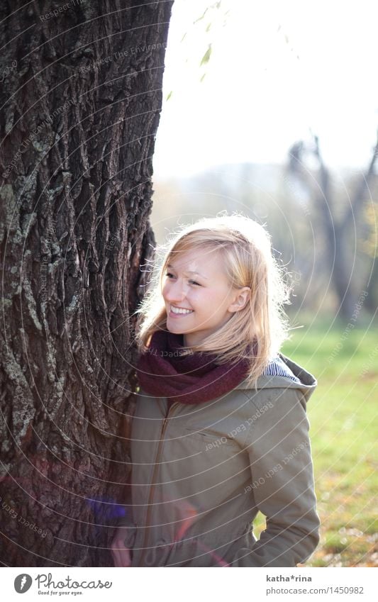 Autumn sun . Human being Feminine Young woman Youth (Young adults) 1 18 - 30 years Adults Beautiful weather Tree Jena Park Smiling Blonde Happiness Happy