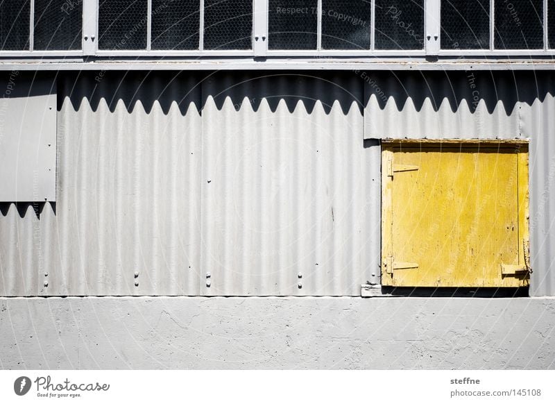 yellow tinge Wall (building) Warehouse Industrial Photography Industry Factory hall Door Yellow Gray Tin Corrugated sheet iron Shadow