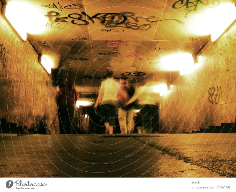 greifswalder str. Passage Occur Pedestrian Human being Going Tunnel Concrete Gloomy Pattern Light Illuminate Wall (building) Mural painting Flashy Dark Blur