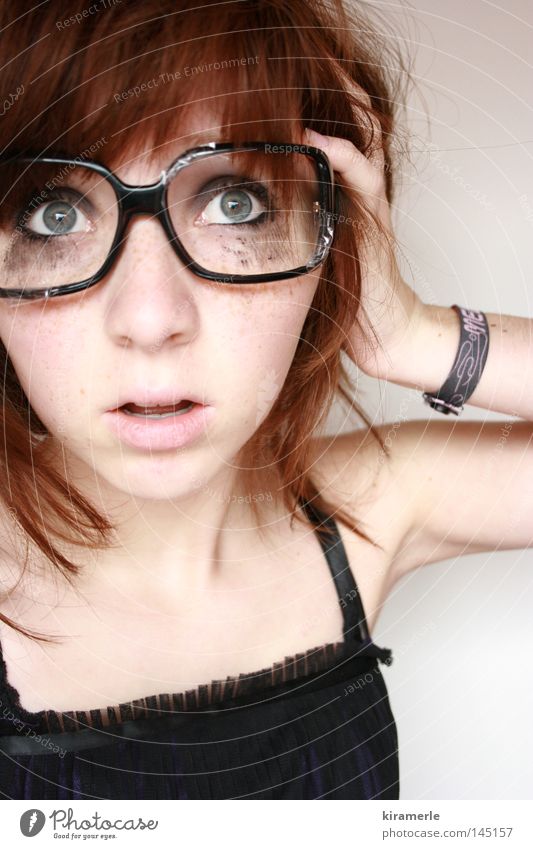 Unbelievable Eyeglasses Shock Inconceivable Dress Make-up Hair and hairstyles Red Feminine Unprocessed Think Freckles Horror Frightening Marvel Eyes Fear Panic