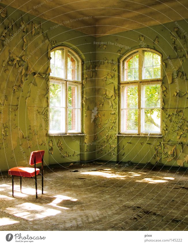 green salon Light Shadow Green Paints and varnish Room Villa Old building Window Brilliant Decline Derelict Chair Red Places Free space Parquet floor